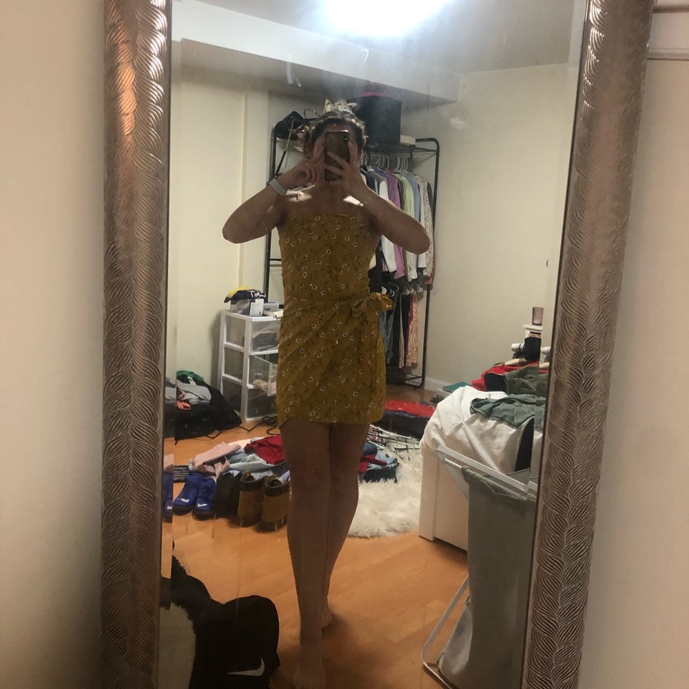 Mustard gold flower printed mini summer dress